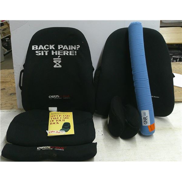 284: Two fit any size Obus Forme Back Supports for chair or car with book on back exercises. Plus, X