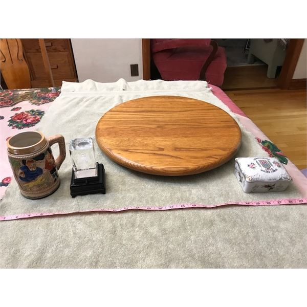 292: Sturdy wooden Lazy Susan 17.5” (45 cm) wide and gray box. In above gray box: Small ang