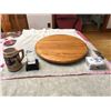 Image 1 : 292: Sturdy wooden Lazy Susan 17.5” (45 cm) wide and gray box. In above gray box: Small ang