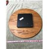 Image 7 : 292: Sturdy wooden Lazy Susan 17.5” (45 cm) wide and gray box. In above gray box: Small ang