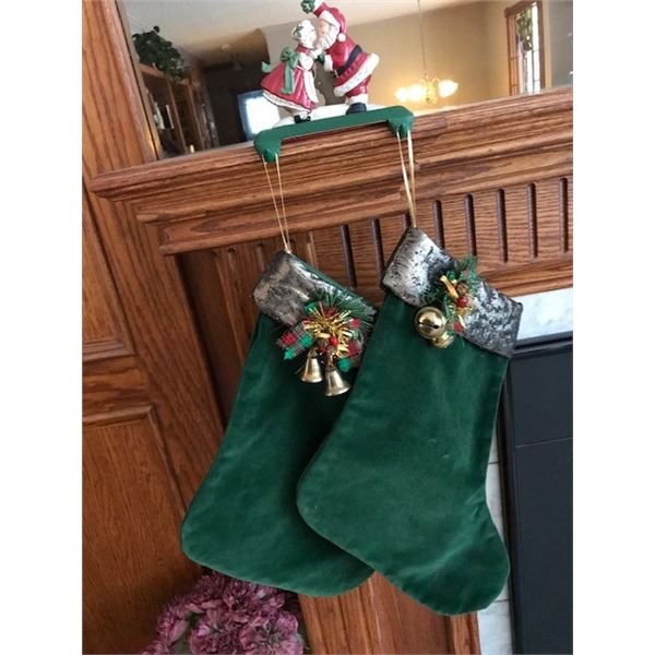 293: Christmas Stocking Hanger (in own box) for 2 stocking and 2 homemade velvets Christmas stocking