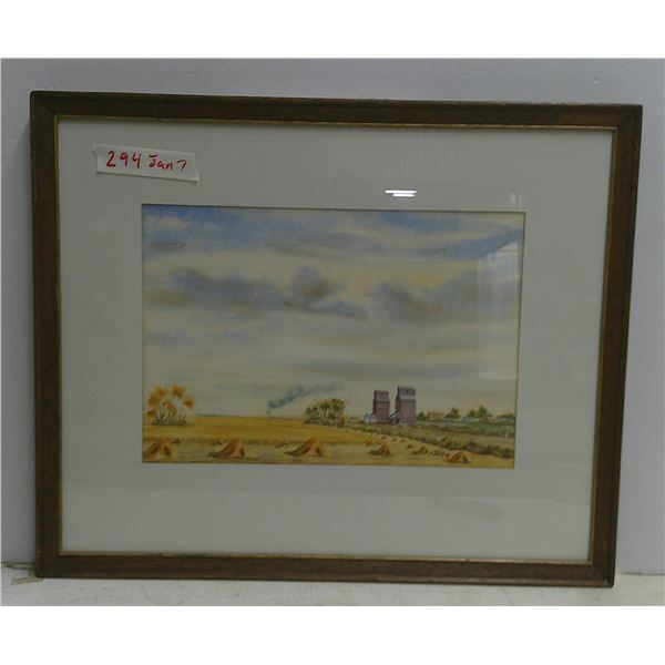 294: Print of 2 prairie elevators and sheaves by Staigh. “222 Harvest Scene #13.” 