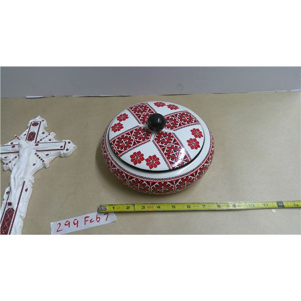 Ukrainian design cross and covered dish. Excellent condition