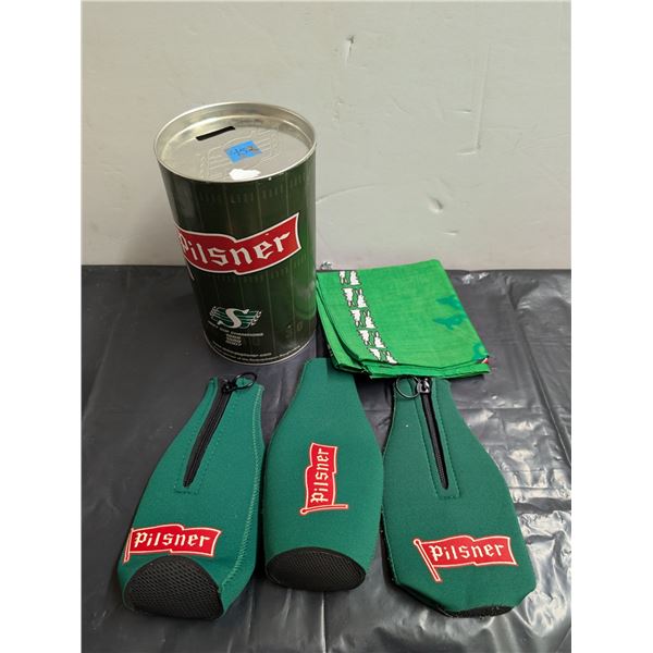 Pilsner Coin Bank 3 Bottle Coolers, Plus Bandana
