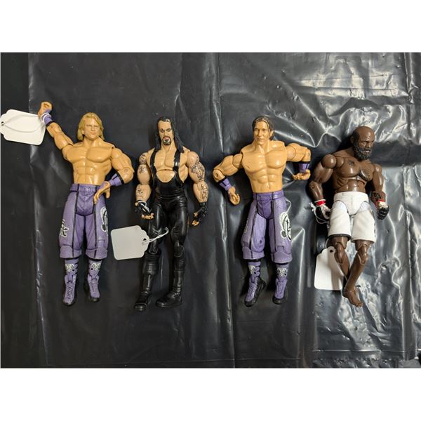 4 wrestling figures, the undertaker and brain Hendrick