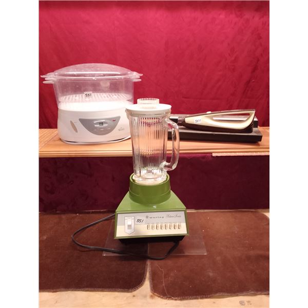 Green Blender with Glass Pitcher, White Electric Food Steamer, and Vintage Electric Carving Knife in