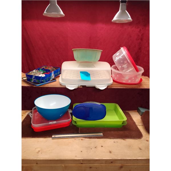 Assorted Plastic Kitchen Storage, tin of cookie cutters…
