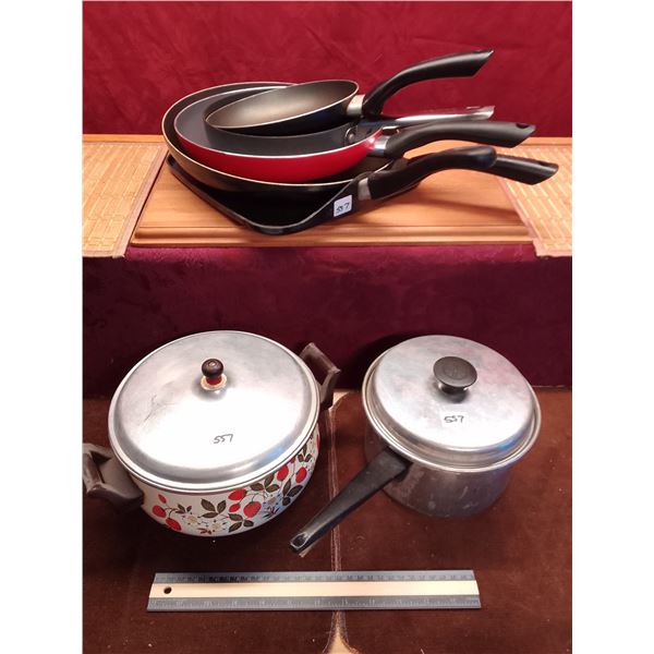 Four round and one square non-stick frying pans in graduated sizes, plus two saucepans with lids