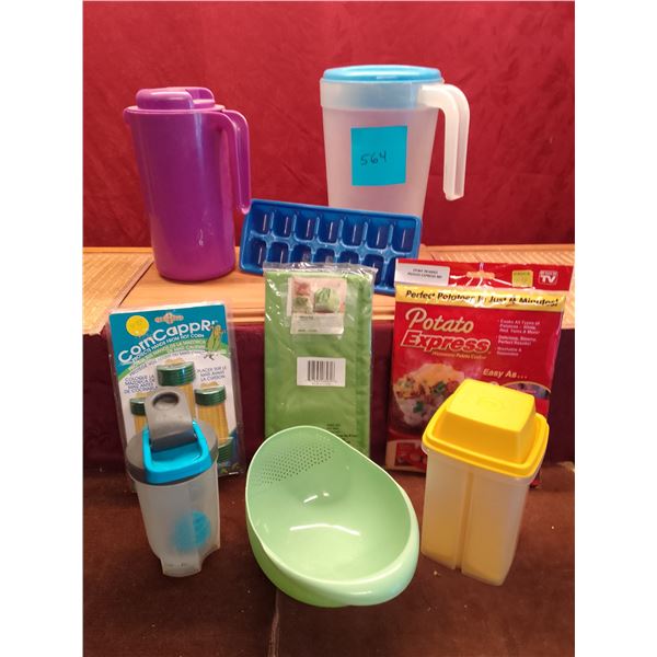 Tupperware, pickle container, juice jug, miscellaneous pitcher and items