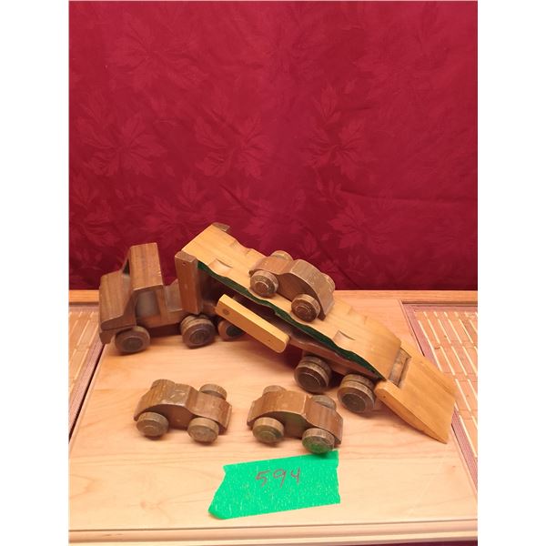 Semi unit with trailer and 3 cars, wooden