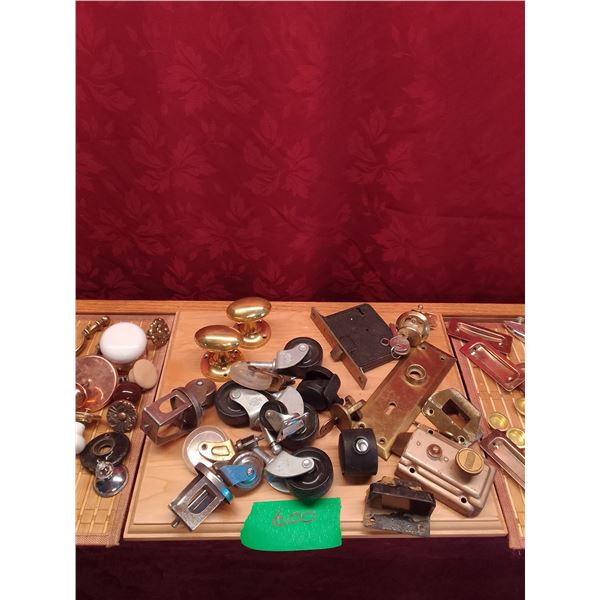 Vintage Cabinet and drawer handles, locking cylinders with keys, miscellaneous hardware