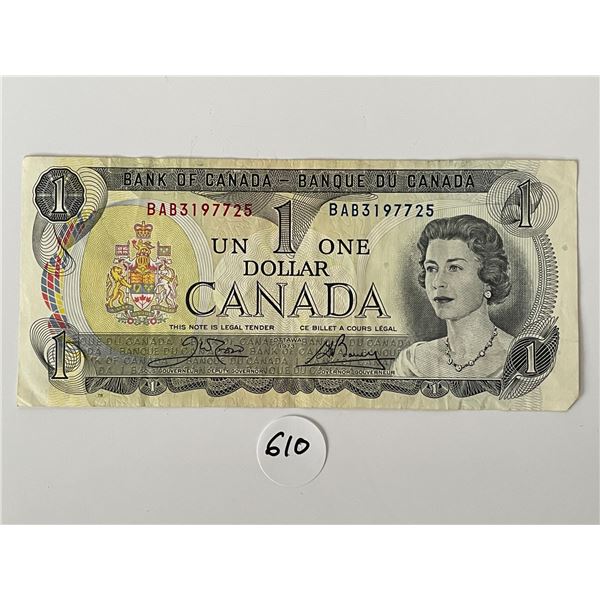One Paper Dollar Canadian Serial # BAB3197725 (from 1973)