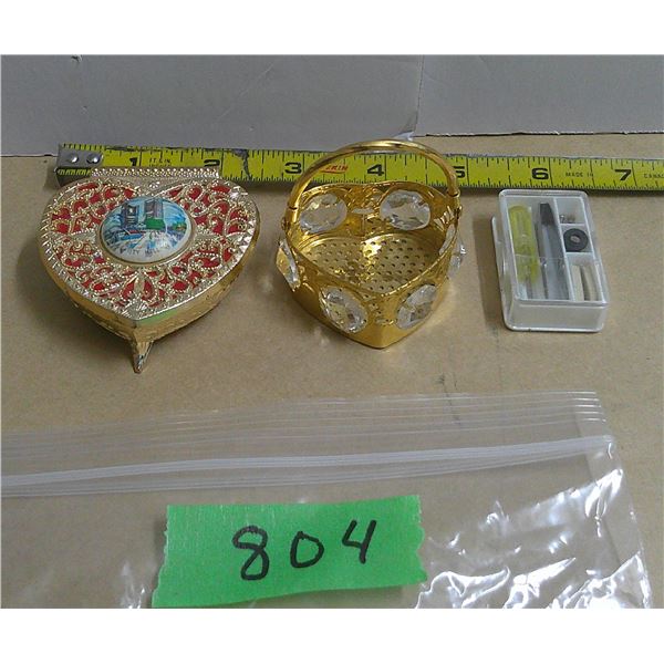 (2) heart shape trinket box, plus mini toll set (1) with red felt