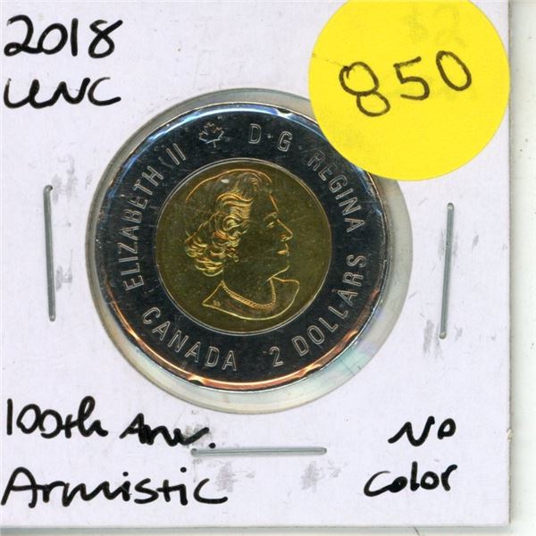 2018 UNC. Canadian Two Dollar - Armistice No Colour
