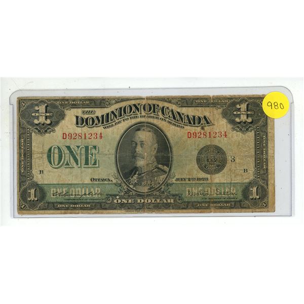 1923 Dominion Of Canada One Dollar Bank Note