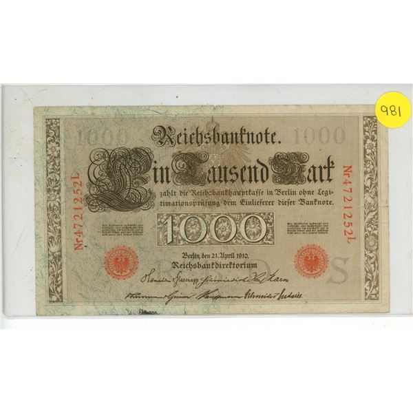 1910 Imperial Germany One Thousand Mark Reichs banknote