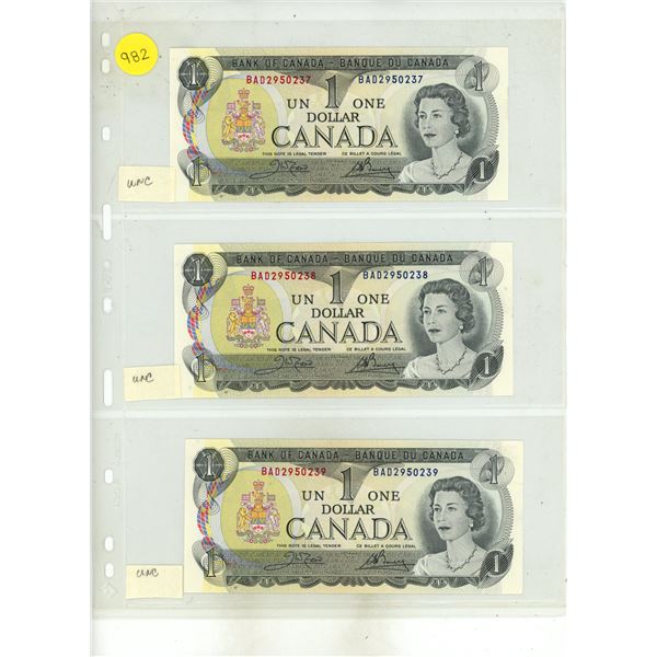1973 UNC 3 Canadian One Dollar Bank Notes In Series