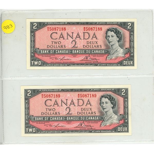 1954 UNC 2 Canadian Two Dollar Bank Notes In Series
