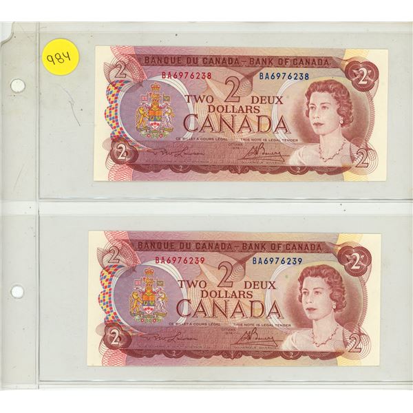 1974 UNC 2 Canadian Two Dollar Bank Notes In Series