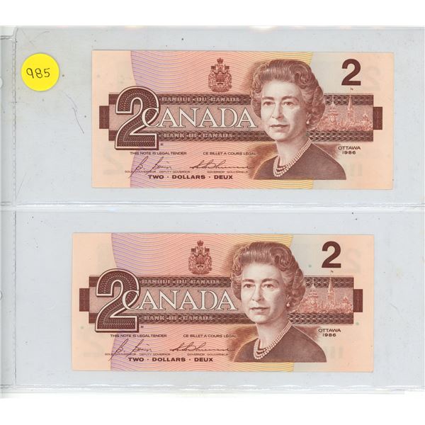 1986 UNC 2 Canadian Two Dollar Bank Notes In Series