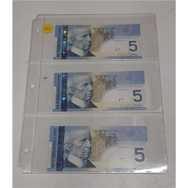 2006 UNC 3 Canadian Five Dollar Bank Notes In Series
