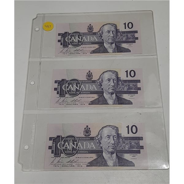 1989 UNC 3 Canadian Ten Dollar Bank Notes In Series