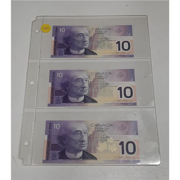 2001 UNC 3 Canadian Ten Dollar Bank Notes In Series