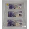 Image 1 : 2001 UNC 3 Canadian Ten Dollar Bank Notes In Series
