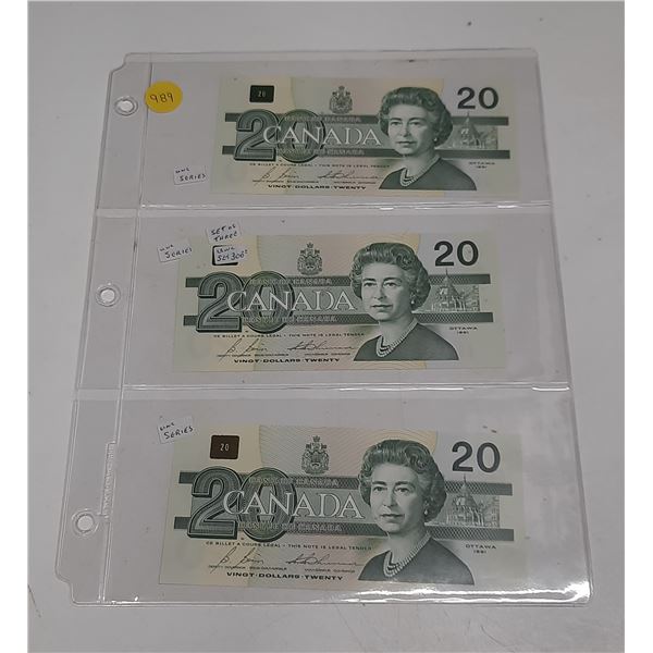 1991 UNC 3 Canadian Twenty Dollar Bank Notes In Series