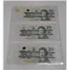 Image 1 : 1991 UNC 3 Canadian Twenty Dollar Bank Notes In Series