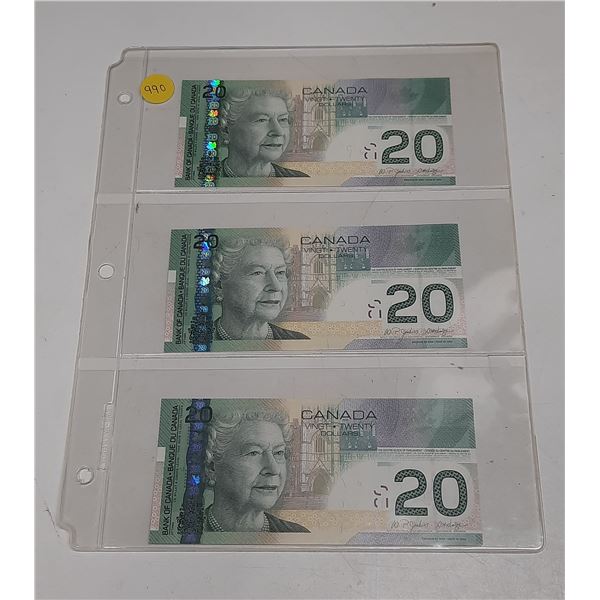 2004 UNC 3 Canadian Twenty Dollar Bank Notes In Series