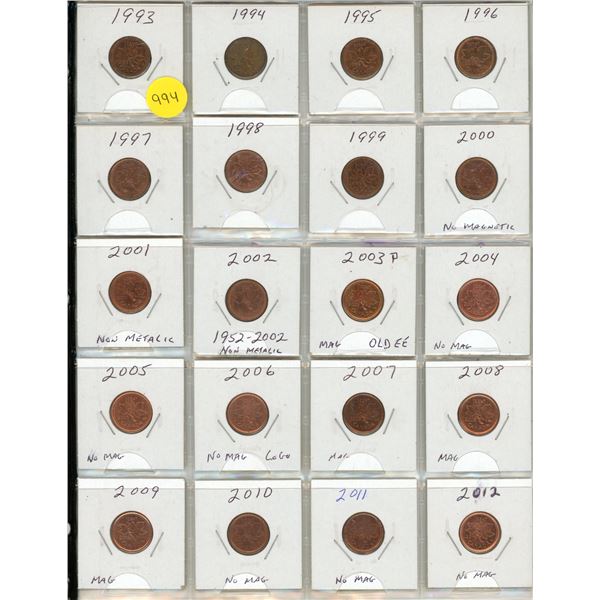 1993-2012 Sheet Of Canadian Small Cents Complete - 20 Coins