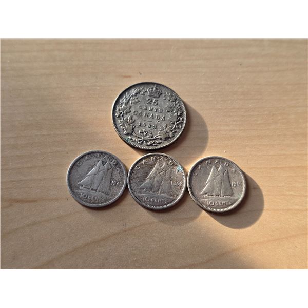 3 Silver dimes and a 25 cent piece