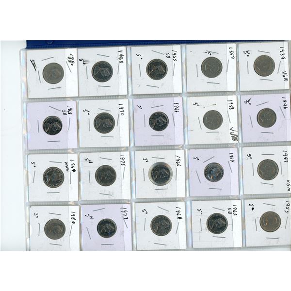 Page of Canadian Vintage Nickels From 1939,41,47,55,57-58.64-66,68,72,75,77 and 1980