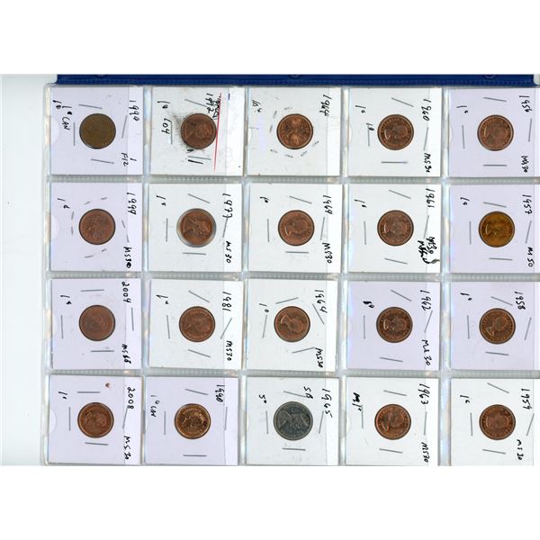 Page of Canadian Vintage Pennies and (1) Nickle From 1956-65,72,77,81,90,94,1999,2004,and 2008