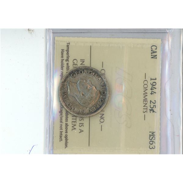 Canadian 1944 25 Cent Coin MS63 GRADED ICCS