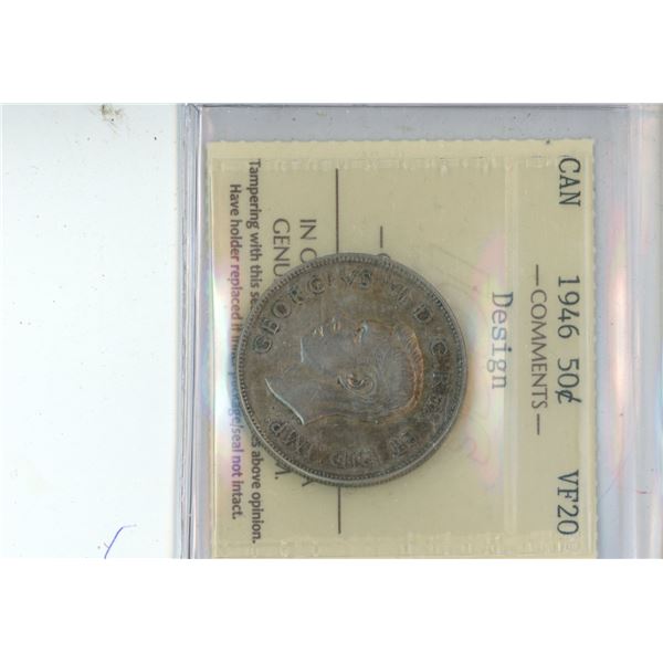 Canadian 1946 50 Cent Coin VF20 GRADED ICCS