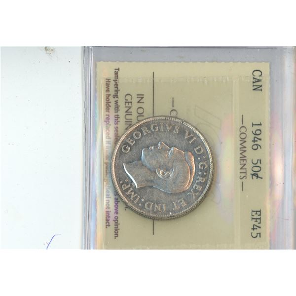 Canadian 1946 50 Cent Coin EF45 GRADED ICCS