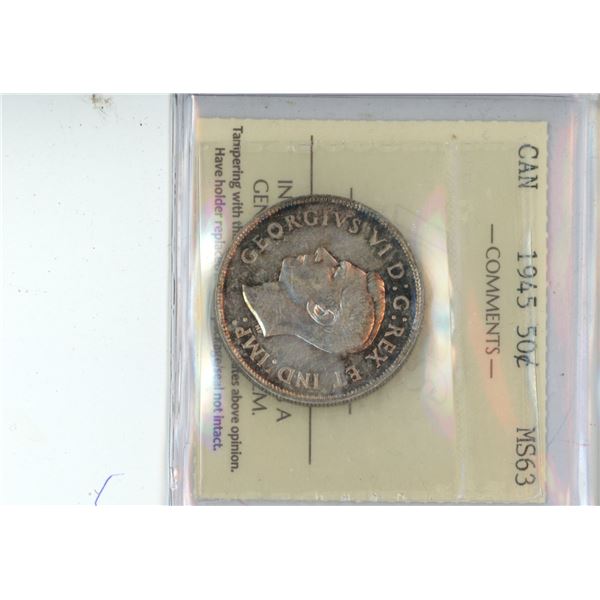 Canadian 1945 50 Cent Coin MS63 GRADED ICCS