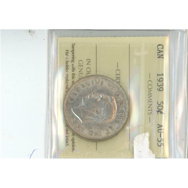 Canadian 1939 50 Cent Coin AU-55 GRADED ICCS