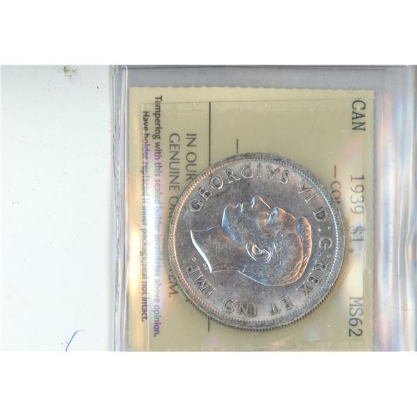 Canadian 1939 1 Dollar Coin MS62 GRADED ICCS