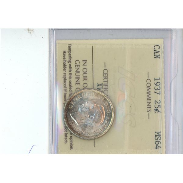 Canadian 1937 25 Cent Coin MS64 GRADED IICCS