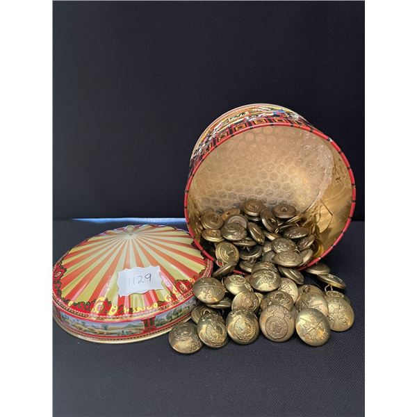 70 Military Buttons (Metal) in Decorative Tin.