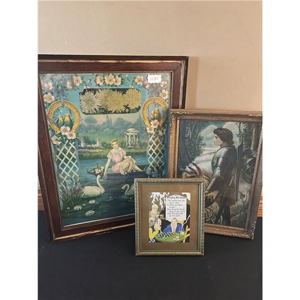 3 Antique Pictures. Largest 18 3/8" x 14 1/4", next is 13 1/2" x 9 1/2", and the smallest is 7 3/4" 