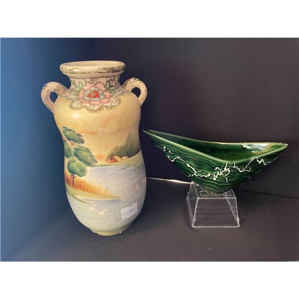 Hand Painted Antique Vase & " Beauceware Pottery" Boomerang Dish.