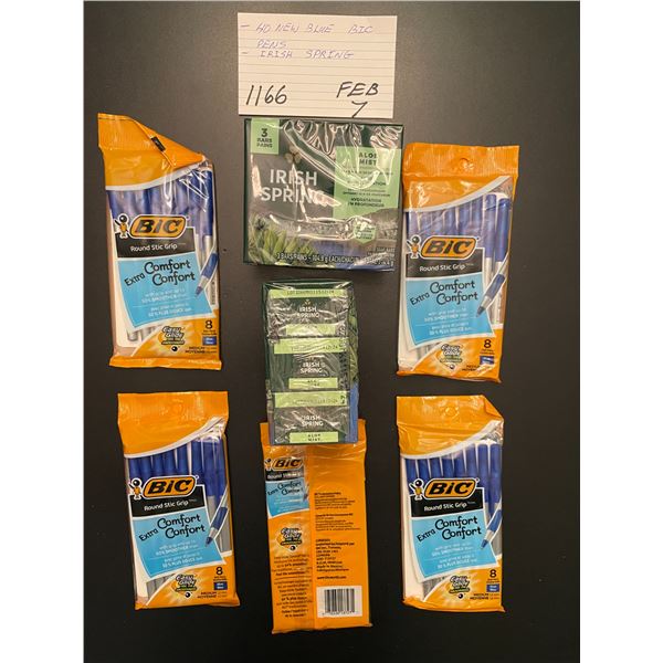 40 new blue Bic pens; Irish Spring soap