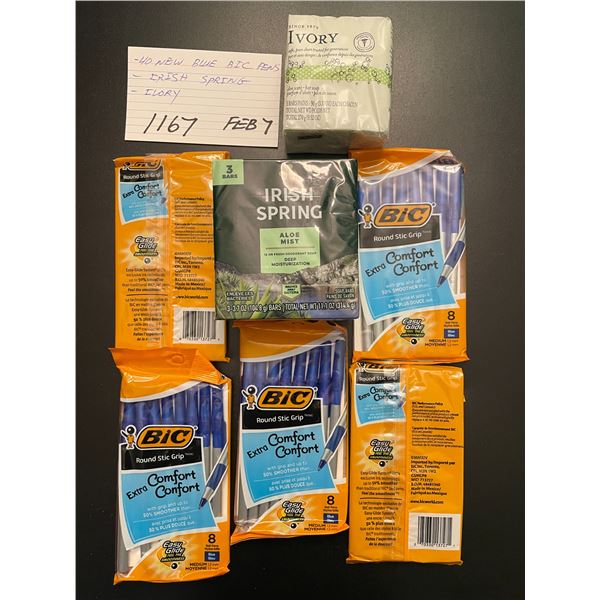 40 new blue Bic pens; Irish Spring soap; Ivory
