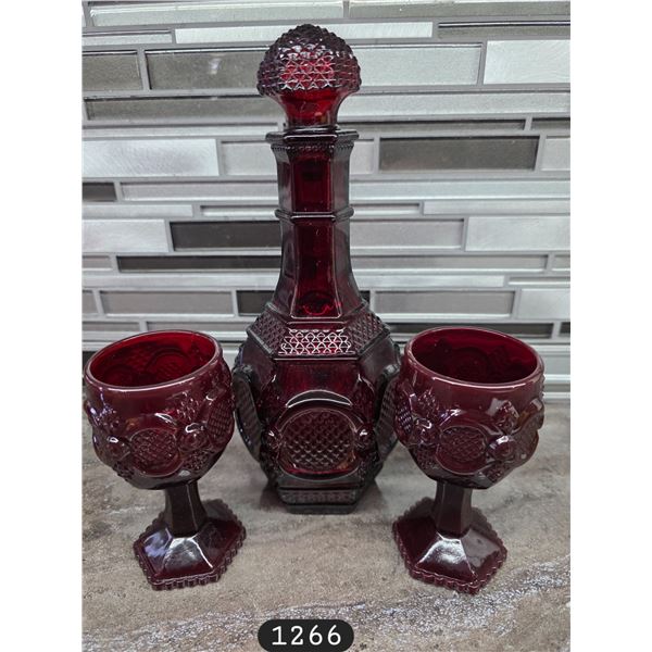 Vintage Avon Cape Cod Collection Ruby Red Decanter w/ Stopper & (2) Glasses.  No Chips.