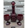 Image 1 : Vintage Avon Cape Cod Collection Ruby Red Decanter w/ Stopper & (2) Glasses.  No Chips.