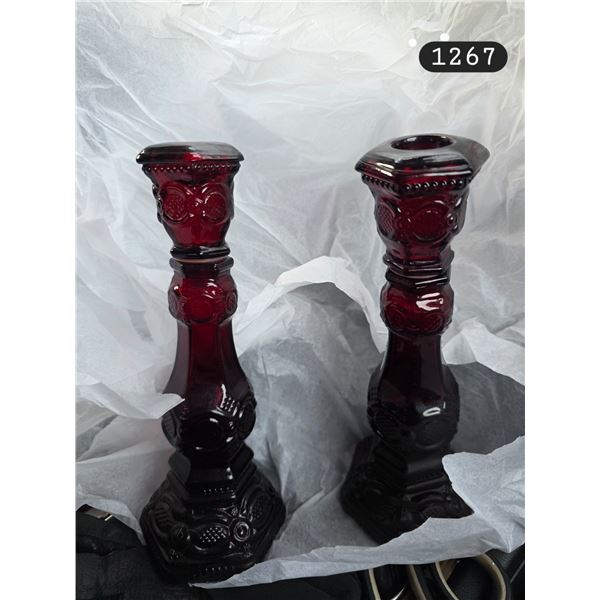 Vintage Avon Cape Cod Collection Pair of 8.75” Ruby Red Glass Candlesticks. No Chips.